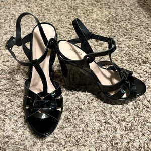 Aldo black patent leather wedges with ankle straps